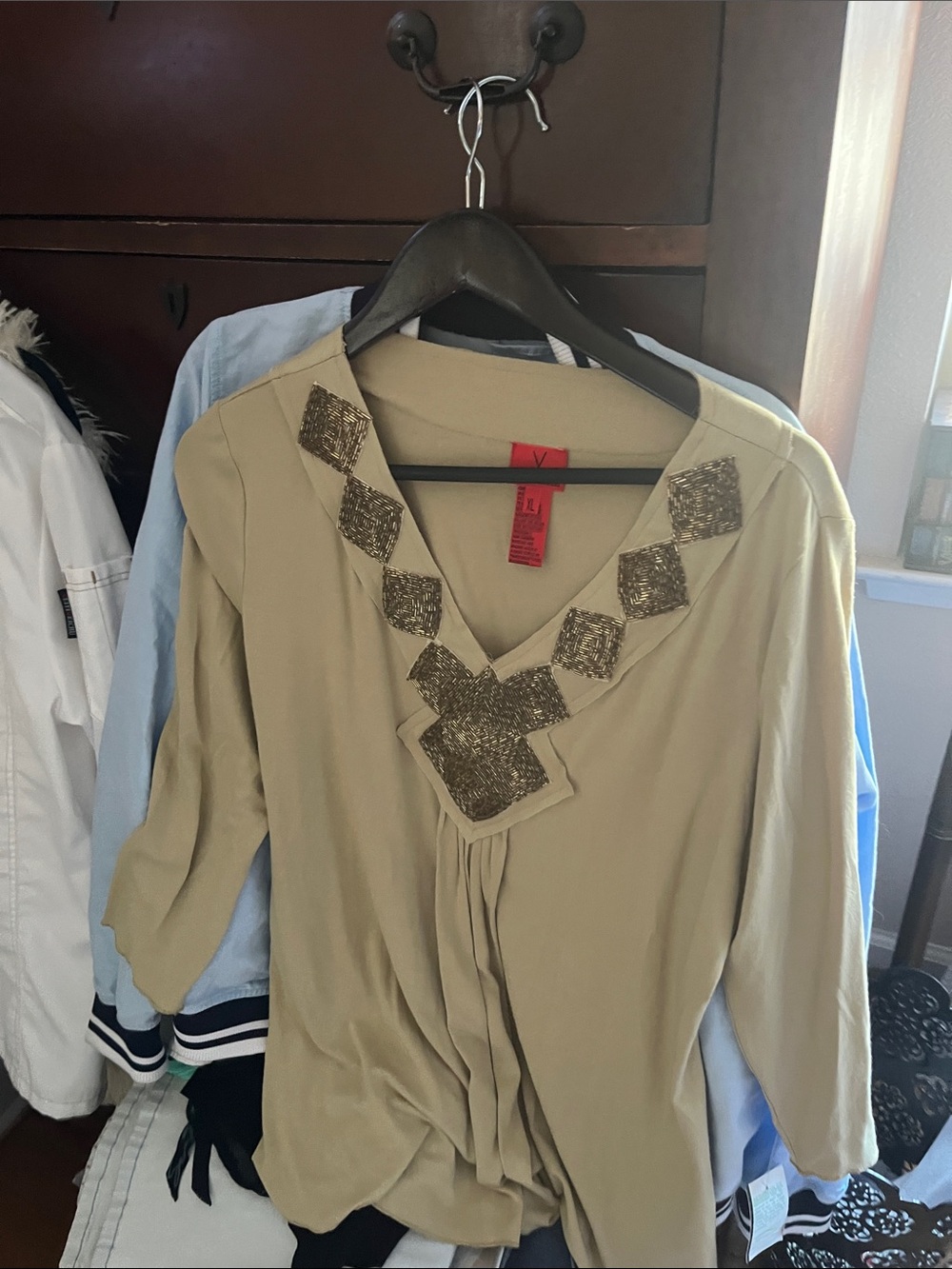 V Cristina Beige Tunic with Gold Beaded V-Neck